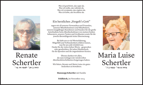 Todesanzeige von Maria Luise Schertler von Vorarlberger Nachrichten