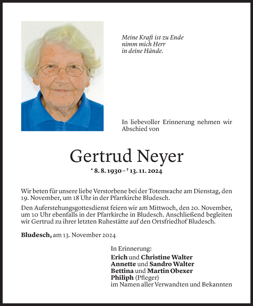  Todesanzeige für Gertrud Neyer vom 17.11.2024 aus Vorarlberger Nachrichten