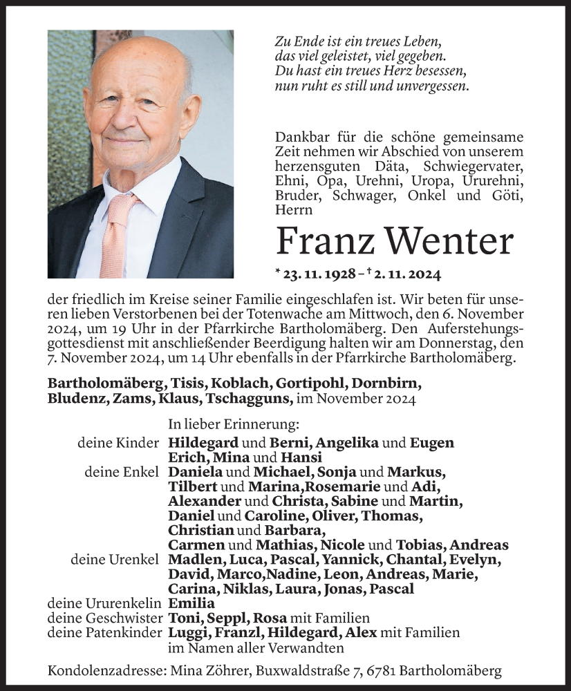  Todesanzeige für Franz Wenter vom 05.11.2024 aus Vorarlberger Nachrichten