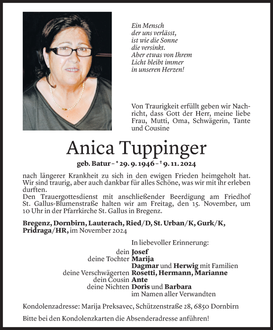 Todesanzeige von Anica Tuppinger von Vorarlberger Nachrichten