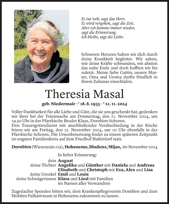 Todesanzeige von Theresia Masal von Vorarlberger Nachrichten