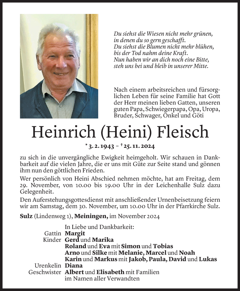  Todesanzeige für Heinrich Fleisch vom 26.11.2024 aus Vorarlberger Nachrichten