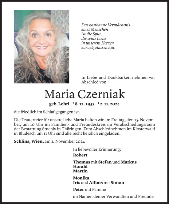 Todesanzeige von Maria Czerniak von Vorarlberger Nachrichten