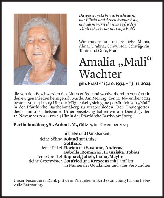 Todesanzeige von Amalia Wachter von Vorarlberger Nachrichten