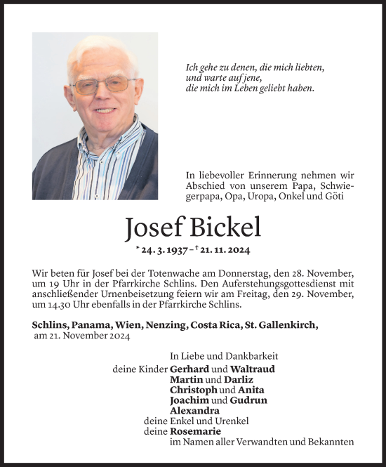 Todesanzeige von Josef Bickel von Vorarlberger Nachrichten