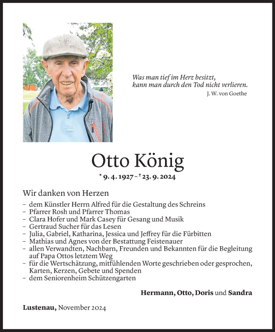 Todesanzeige von Otto König von Vorarlberger Nachrichten