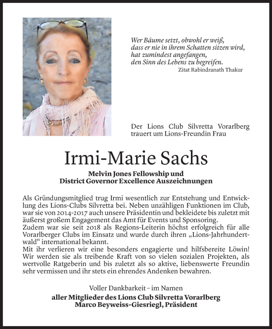 Todesanzeige von Irmi-Marie Sachs von Vorarlberger Nachrichten