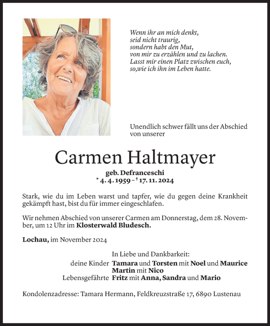 Todesanzeige von Carmen Haltmayer von Vorarlberger Nachrichten