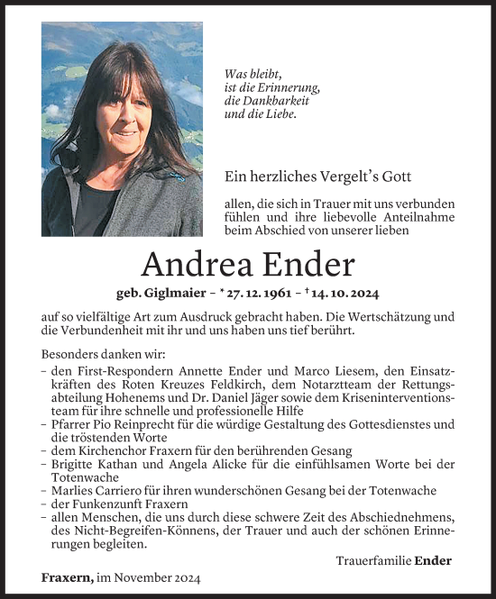 Todesanzeige von Andrea Ender von Vorarlberger Nachrichten