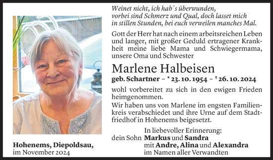 Todesanzeige von Marlene Halbeisen von Vorarlberger Nachrichten