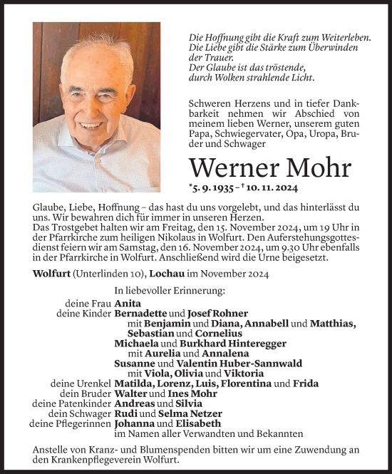 Todesanzeige von Werner Mohr von Vorarlberger Nachrichten