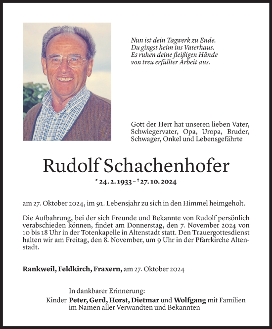 Todesanzeige von Rudolf Schachenhofer von Vorarlberger Nachrichten