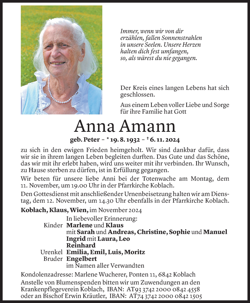  Todesanzeige für Anna Amann vom 09.11.2024 aus Vorarlberger Nachrichten