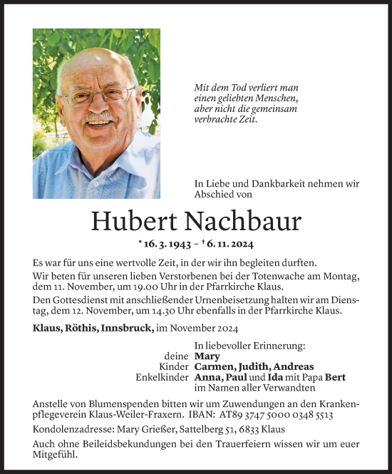 Todesanzeige von Hubert Nachbaur von Vorarlberger Nachrichten