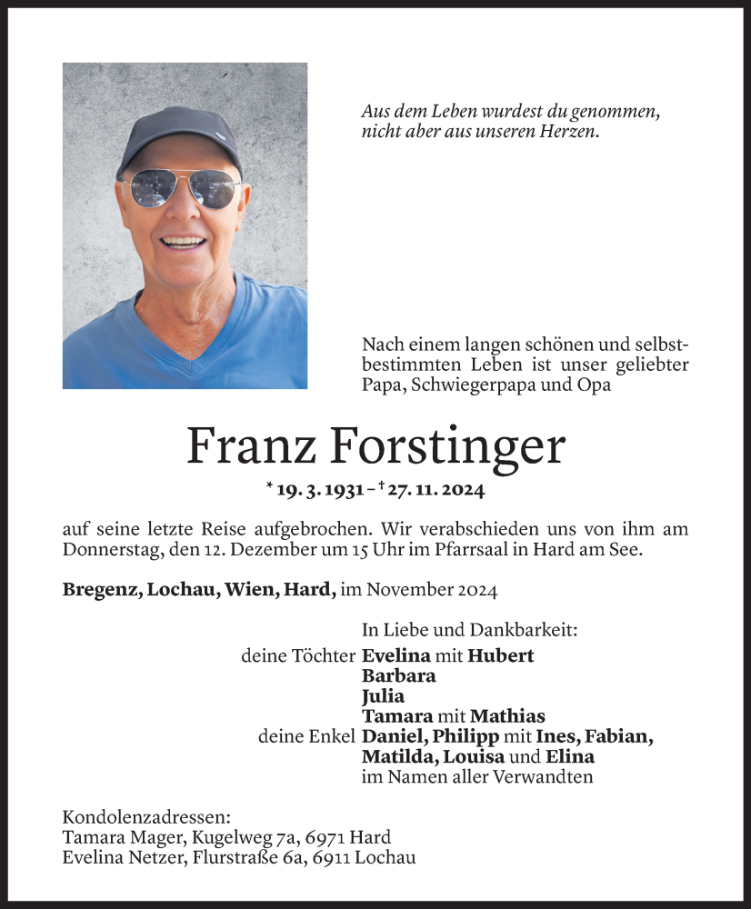  Todesanzeige für Franz Forstinger vom 29.11.2024 aus Vorarlberger Nachrichten