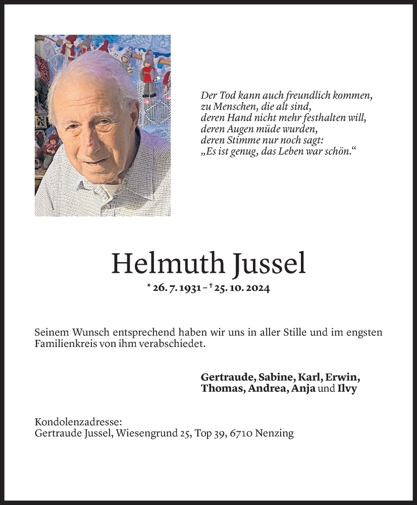  Todesanzeige für Helmuth Jussel vom 09.11.2024 aus Vorarlberger Nachrichten