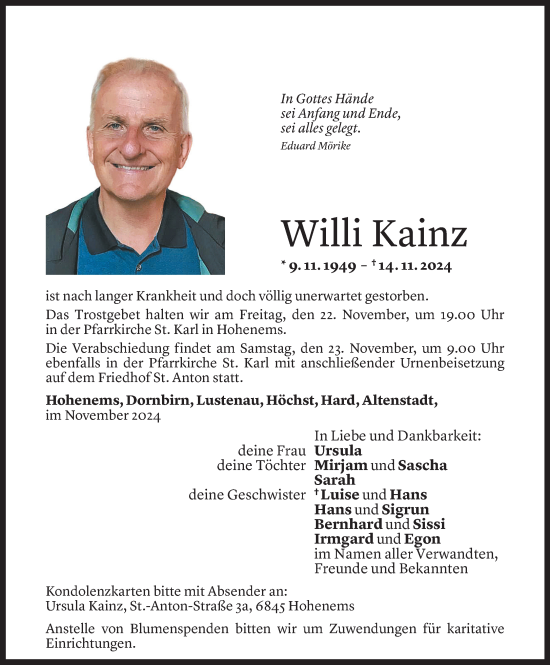 Todesanzeige von Willi Kainz von Vorarlberger Nachrichten