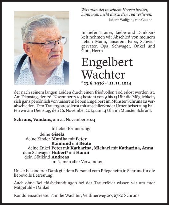 Todesanzeige von Engelbert Wachter von Vorarlberger Nachrichten