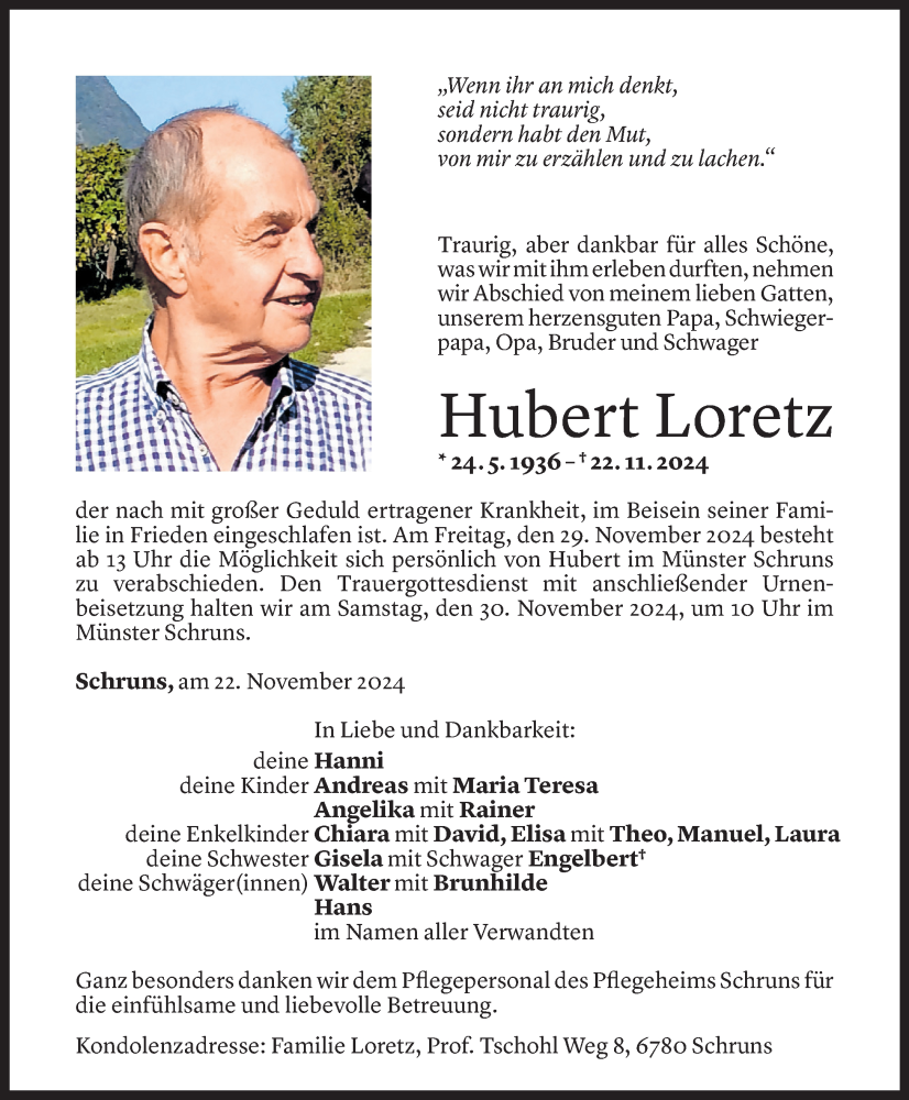  Todesanzeige für Hubert Loretz vom 25.11.2024 aus Vorarlberger Nachrichten