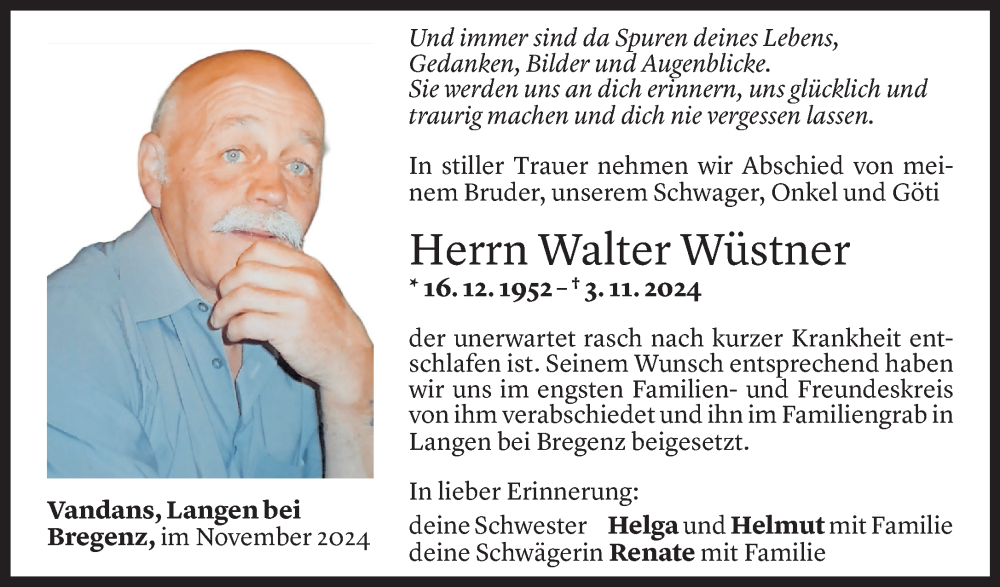  Todesanzeige für Walter Wüstner vom 30.11.2024 aus Vorarlberger Nachrichten