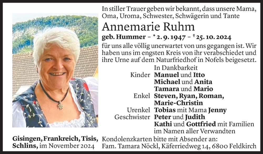  Todesanzeige für Annemarie Ruhm vom 06.11.2024 aus Vorarlberger Nachrichten