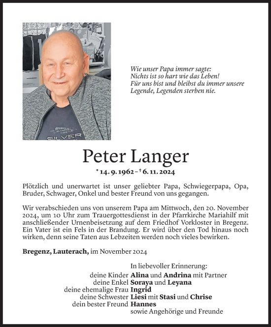 Todesanzeige von Peter Langer von Vorarlberger Nachrichten