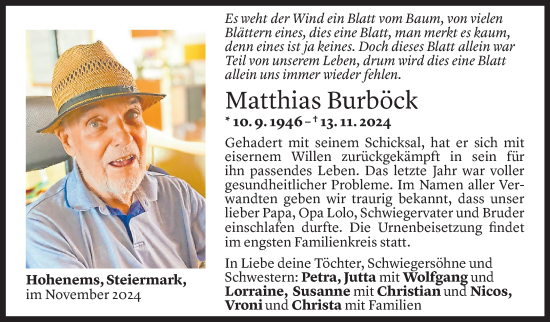 Todesanzeige von Matthias Burböck von Vorarlberger Nachrichten