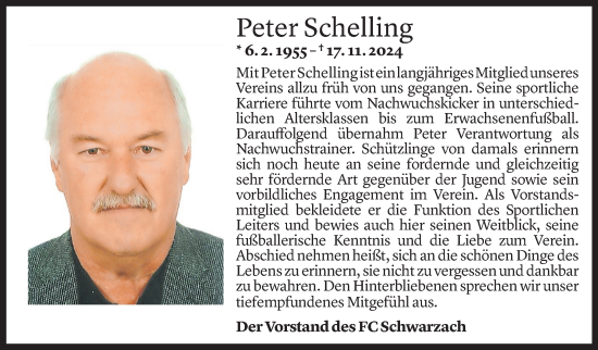 Todesanzeige von Peter Schelling von Vorarlberger Nachrichten