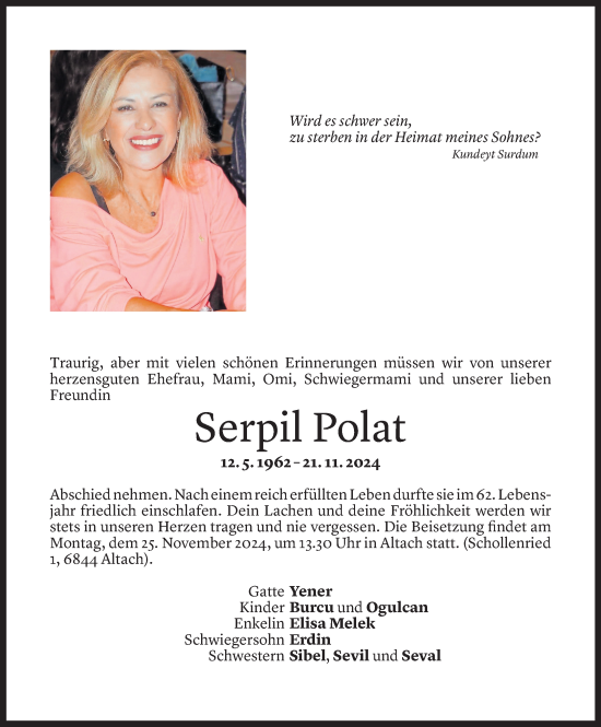 Todesanzeige von Serpil Polat von Vorarlberger Nachrichten