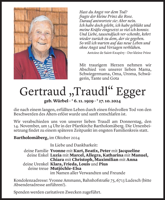 Todesanzeige von Gertraud Egger von Vorarlberger Nachrichten