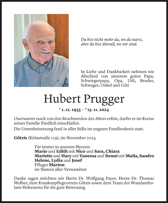 Todesanzeige von Hubert Prugger von Vorarlberger Nachrichten