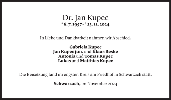 Todesanzeige von Jan Kupec von Vorarlberger Nachrichten