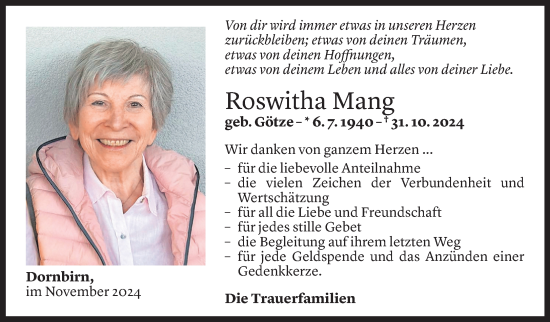 Todesanzeige von Roswitha Mang von Vorarlberger Nachrichten