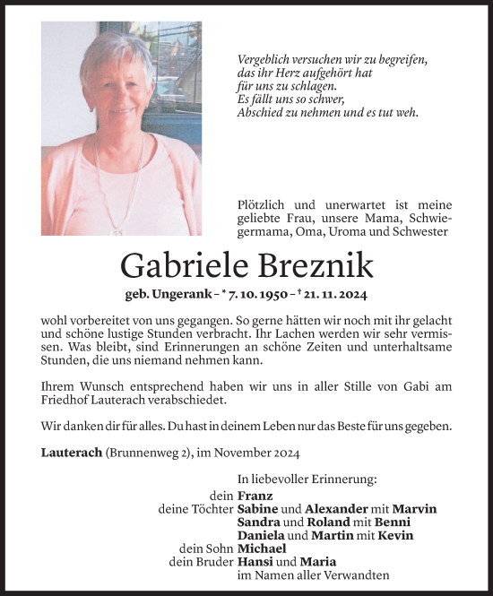 Todesanzeige von Gabriele Breznik von Vorarlberger Nachrichten