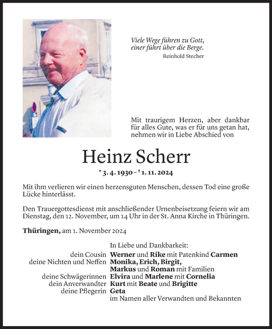 Todesanzeige von Heinz Scherr von Vorarlberger Nachrichten