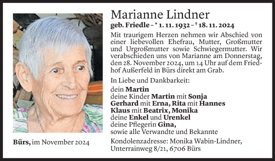 Todesanzeige von Marianne Lindner von Vorarlberger Nachrichten