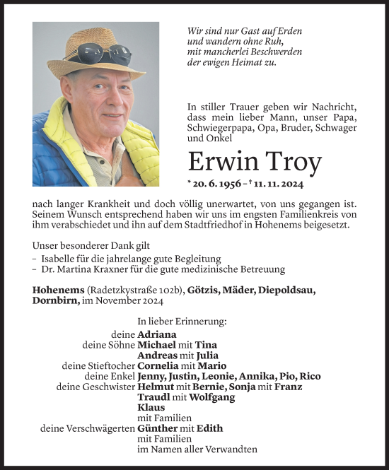 Todesanzeige von Erwin Troy von Vorarlberger Nachrichten