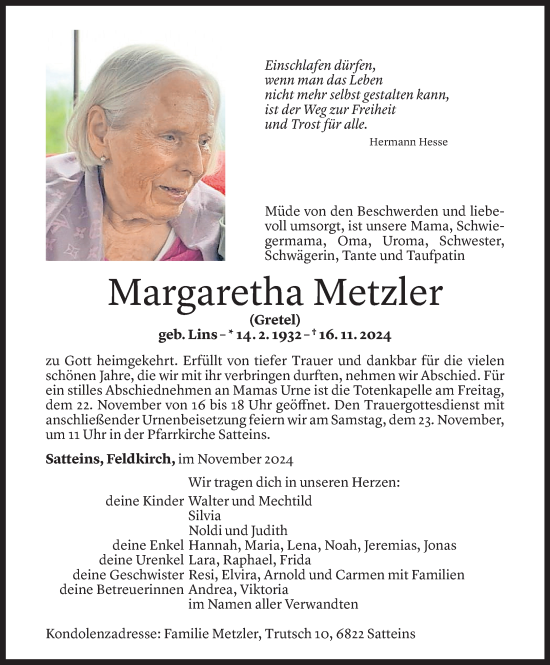 Todesanzeige von Margaretha Metzler von Vorarlberger Nachrichten