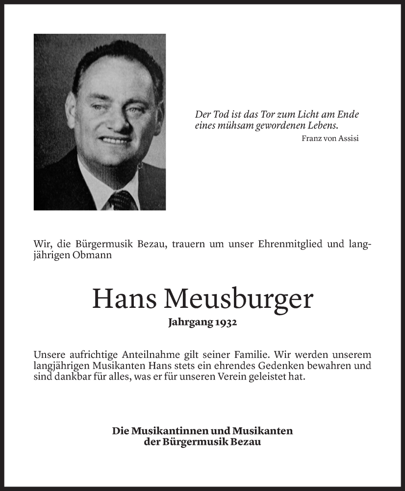  Todesanzeige für Hans Meusburger vom 01.11.2024 aus Vorarlberger Nachrichten