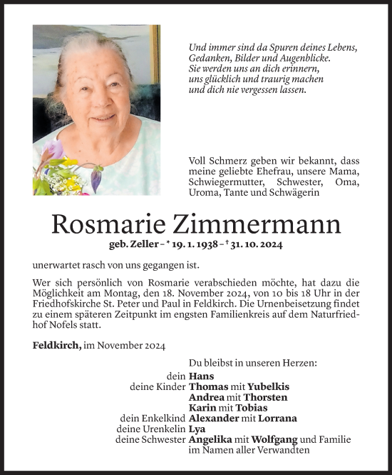 Todesanzeige von Rosmarie Zimmermann von Vorarlberger Nachrichten