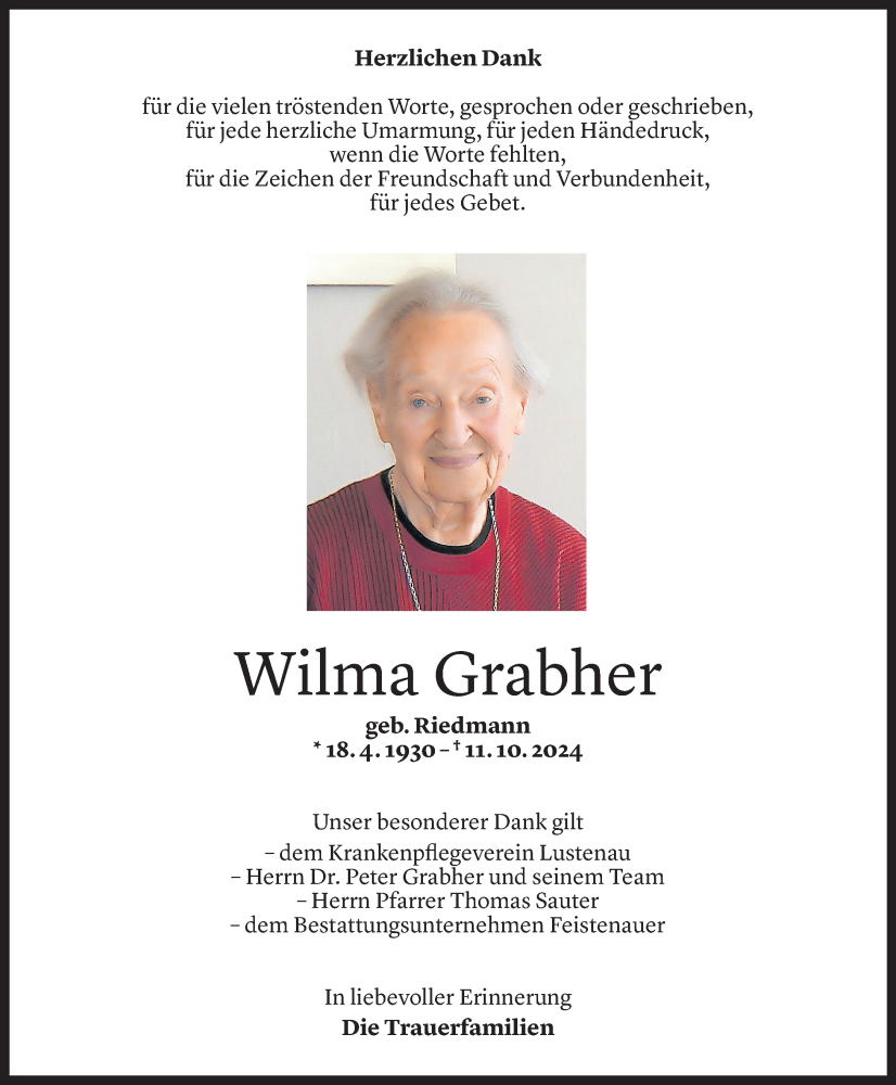  Todesanzeige für Wilma Grabher vom 07.11.2024 aus Vorarlberger Nachrichten