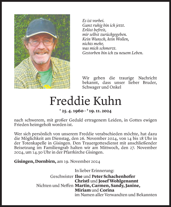 Todesanzeige von Freddie Kuhn von Vorarlberger Nachrichten