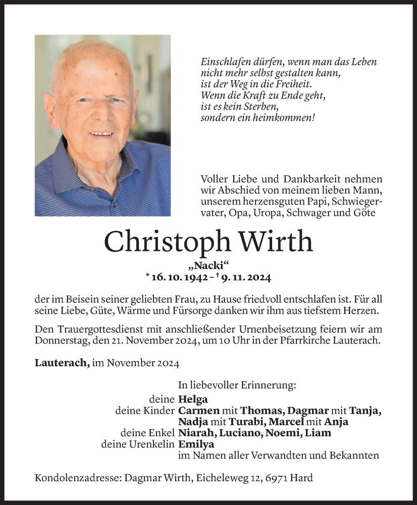  Todesanzeige für Christoph Wirth vom 15.11.2024 aus Vorarlberger Nachrichten