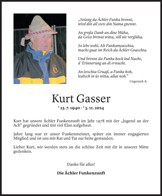 Todesanzeige von Kurt Gasser von Vorarlberger Nachrichten