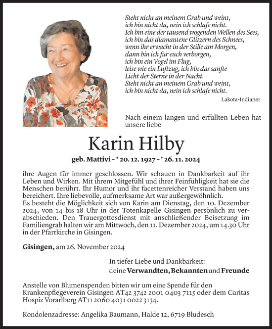 Todesanzeige von Karin Hilby von Vorarlberger Nachrichten