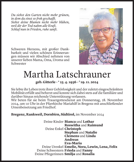 Todesanzeige von Martha Latschrauner von Vorarlberger Nachrichten