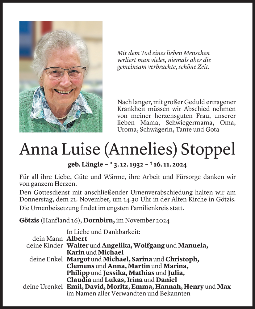  Todesanzeige für Anna Luise Stoppel vom 18.11.2024 aus Vorarlberger Nachrichten