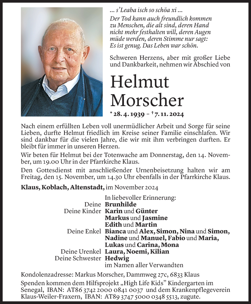  Todesanzeige für Helmut Morscher vom 11.11.2024 aus Vorarlberger Nachrichten