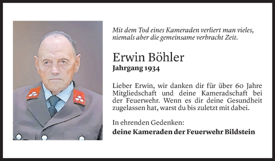 Todesanzeige von Erwin Böhler von Vorarlberger Nachrichten