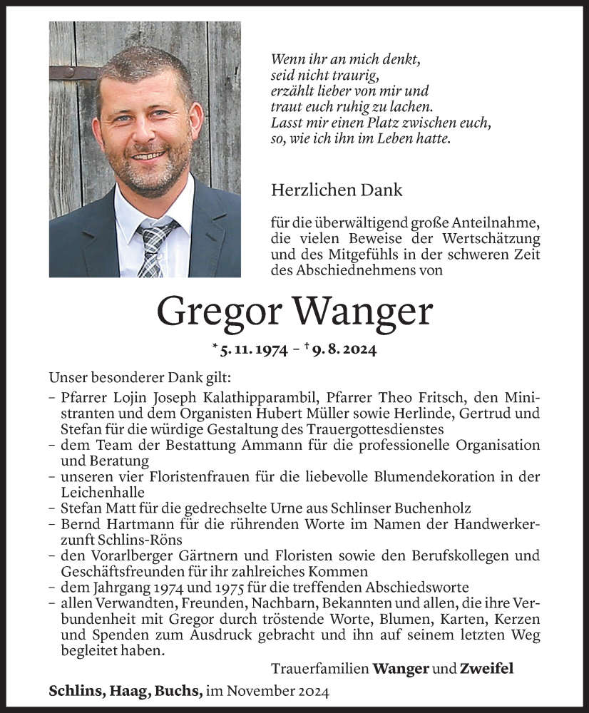  Todesanzeige für Gregor Wanger vom 08.11.2024 aus Vorarlberger Nachrichten